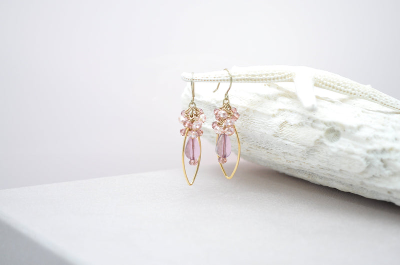 Crystal antique pink earrings, blush earrings, lilac gold teardrop oval hoop earrings - aNella Designs