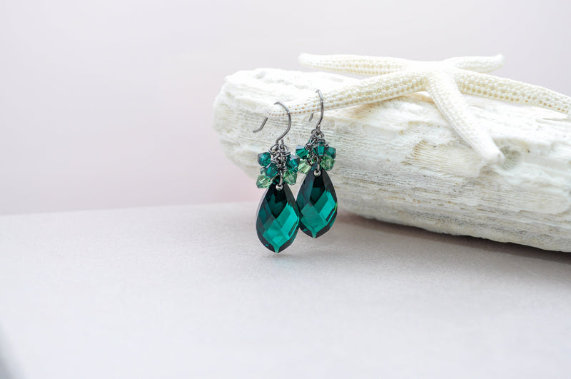 Emerald green teardrop pear shaped crystal earrings | Statement earrings |Dangle Drop zircon jewelry | May birthstone color | aNella Designs