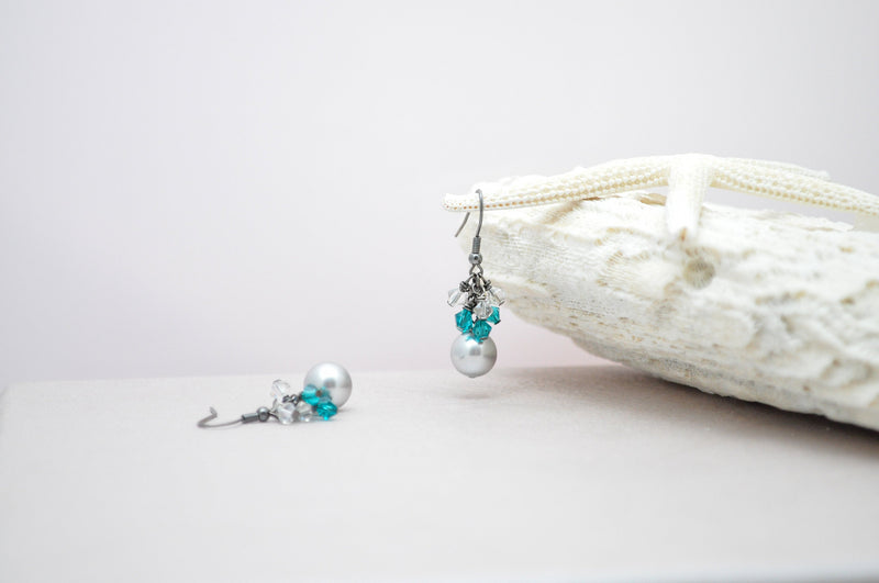 Grey silver pearl, zircon green crystal earring- aNella Designs