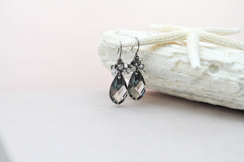 Black diamond colored teardrop pear shaped crystal earrings | Bridesmaid gift | Fancy dangle drop statement jewelry | - aNella Designs
