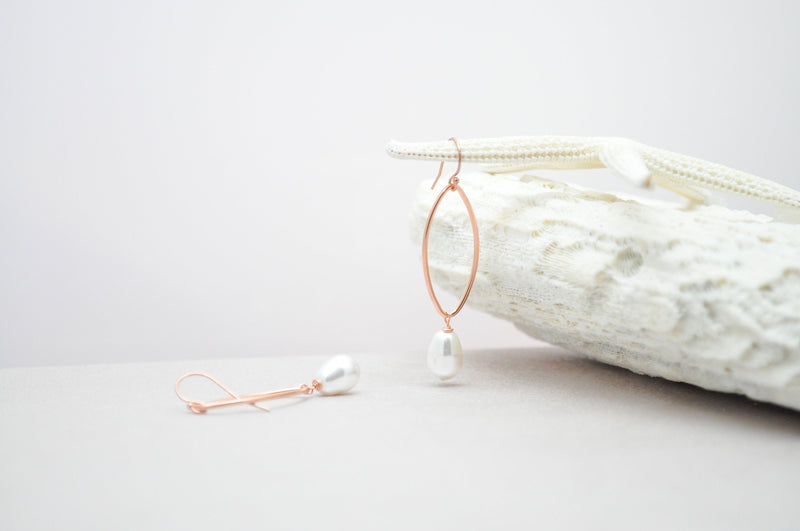 Rose gold bridal pearl hoop teardrop earrings - aNella Designs