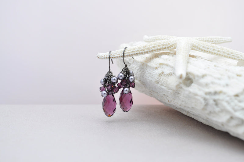 Purple Bridesmaid   crystal teardrop earring with pearls - aNella Designs