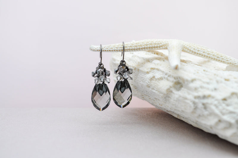 Black diamond colored teardrop pear shaped crystal earrings | Bridesmaid gift | Fancy dangle drop statement jewelry | - aNella Designs