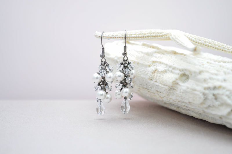 Bridal crystal teardrop earring with white pearls | Pearl drop earrings | Dangle drop elegant jewelry | Handmade earrings | aNella Designs