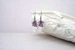 White flat coin pearl earring with dark purple crystals - aNella Designs