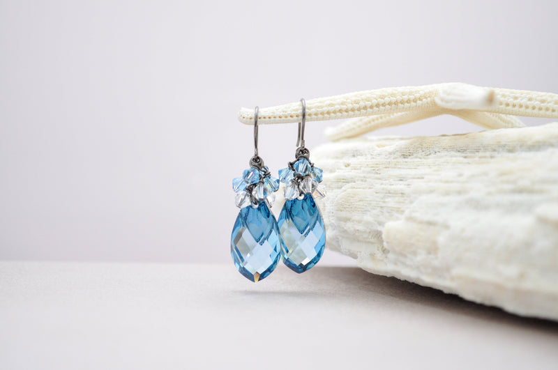 Aquamarine teardrop shaped crystal earrings | Blue drop dangle earrings | Fancy long earrings | Statement blue earrings - aNella Designs