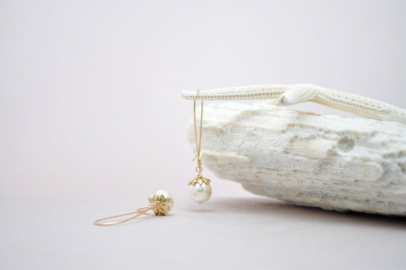 White pearl hoop earrings with gold flower - aNella Designs