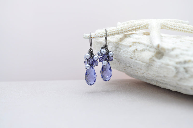 Tanzanite purple crystal teardrop earring with lavender pearls- aNella Designs