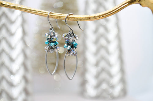 Crystal Iridescent teal green hoop earrings | Holiday chandelier jewelry | Festive hoops | Emerald crystal drop dangle earrings | Teardrops