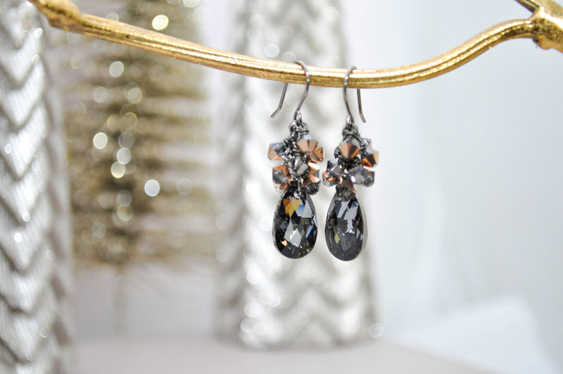 Crystal teardrop chandelier earring | Dark silver and black crystal earrings | Night out statement jewelry |  aNella Designs