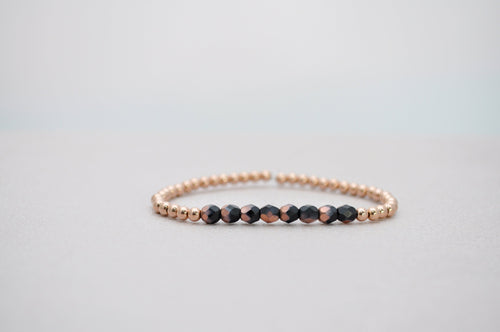 3mm Rose Gold Filled Bracelet with Matt black and Rose Gold Fire Polished Beads | Friendship bracelet | Stackable elastic stretch