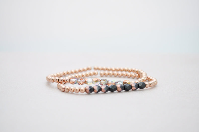 3mm Rose Gold Filled Bracelet with Two Tone Gold and Blush Fire Polished Bead | Friendship bracelet | Stackable elastic stretch