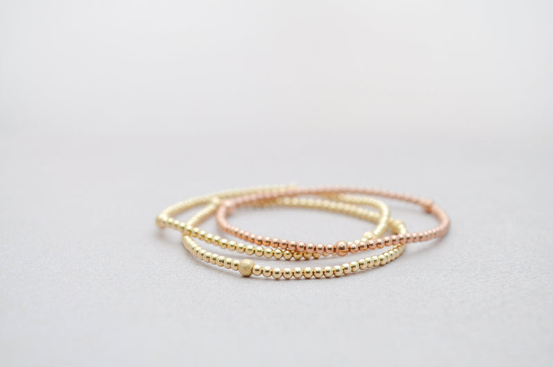 2mm Rose Gold Filled Bracelet with 3mm Rose Gold Beads |Friendship bracelet | Stackable elastic stretch