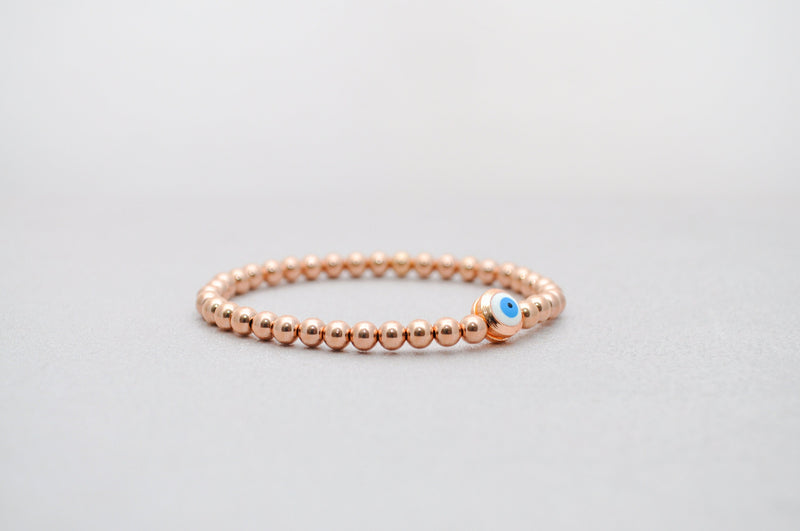 4mm Rose Gold Filled Bracelet with Round Evil Eye Bead | Friendship bracelet | Stackable elastic stretch