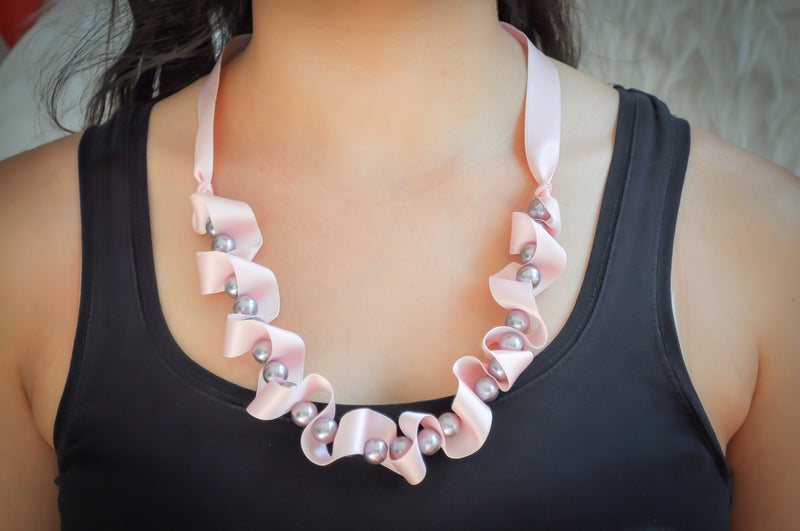 Light lavender pearl necklace with light rose pink silk ribbon | Statement delicate necklace | Elegant fancy jewelry - aNella Designs