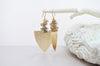 Geometric modern statement earrings with light green crystals | Dangle chandelier brushed brass shield triangle earrings
