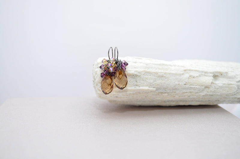 Golden brown and purple mini teardrop pear shaped crystal earrings | Chandelier statement jewelry |  - aNella Designs