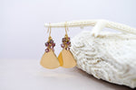 Gold curved fan earrings with amethyst crystals | Statement dangle chandelier geometric gold shield | elegant gold purple teardrops