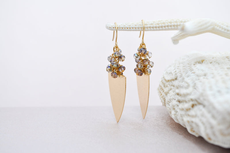 Geometric modern statement earrings with light green crystals | Dangle chandelier brushed brass shield triangle earrings