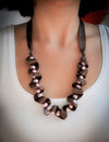 Pink pearl necklace with chocolate brown silk ribbon  | Statement jewelry | Elegant classic pearl necklace - aNella Designs