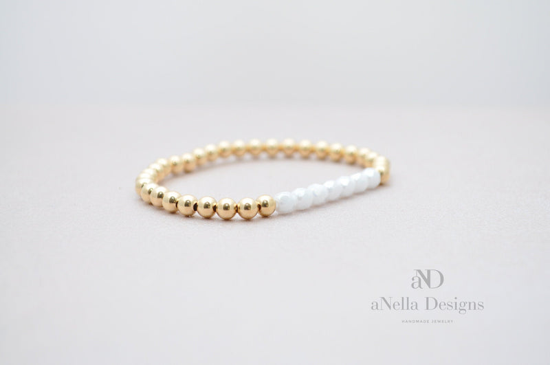 4mm Gold Filled Bracelet with Opaque White Fire Polished Beads | Stretch stackable layering yellow gold bracelet | Roll on white bracelet