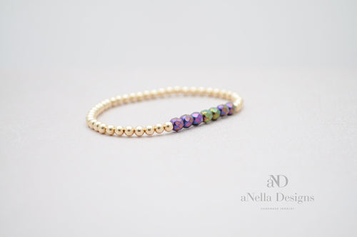 3mm Gold Filled Bracelet with Opaque Iris Purple and Green Beads | Stretch stackable layering yellow gold bracelet | Roll on purple bracelet
