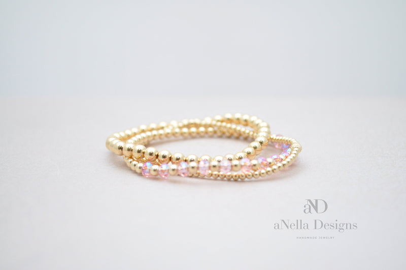3mm Gold Filled Bracelet with light rose pink crystals | Stretch elastic jewelry | Dainty minimalist stackable bracelet | Friendship roll on