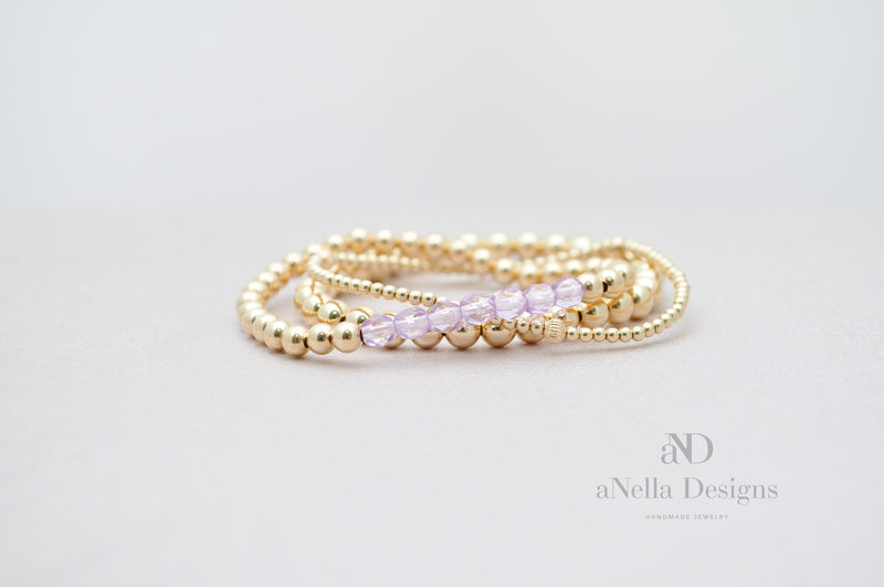 4mm Gold Filled Bracelet with Lilac lavender Fire Polished Beads | Stretch stackable layering yellow gold bracelet | Roll on purple bracelet