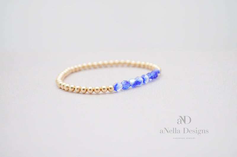 3mm Gold Filled Bracelet with Dark Blue and Clear Beads | Stretch stackable layering yellow gold roll on bracelet | Friendship blue bracelet