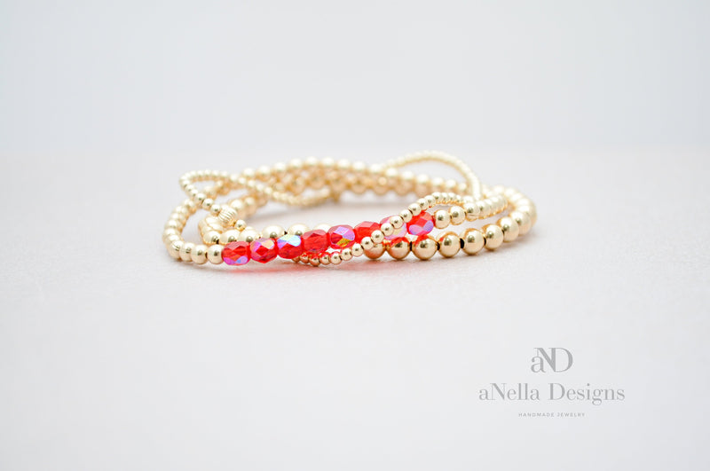 3mm Gold Filled Roll On Bracelet with Scarlet Red Shimmer Fire Polished Beads | Friendship bracelet | Stackable elastic stretch bracelet