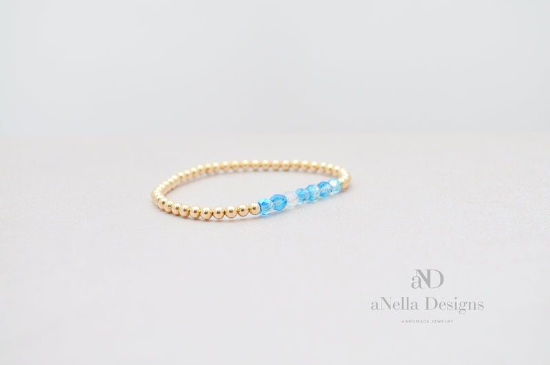 3mm Gold Filled Roll On Bracelet with Aqua Blue Fire Polished Beads | Stretch stackable layering yellow gold bracelet | Gold bracelet