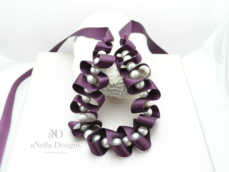 Plum purple silk ribbon necklace with white pearls | Statement jewelry | Pearl necklace - aNella Designs