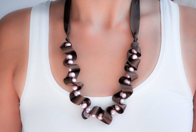 Pink pearl necklace with chocolate brown silk ribbon  | Statement jewelry | Elegant classic pearl necklace - aNella Designs