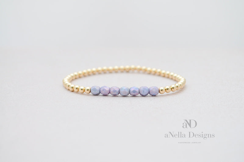 3mm Gold Filled Bracelet with Opaque Lavender Purple Beads | Stretch stackable layering yellow gold bracelet | Roll on purple bracelet