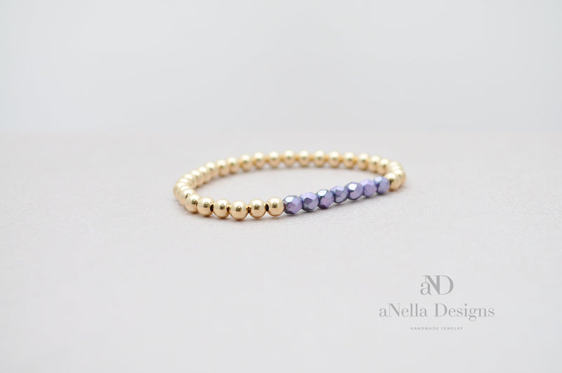 4mm Gold Filled Bracelet with Opaque Lilac Fire Polished Beads | Stretch stackable layering yellow gold bracelet | Roll on purple bracelet