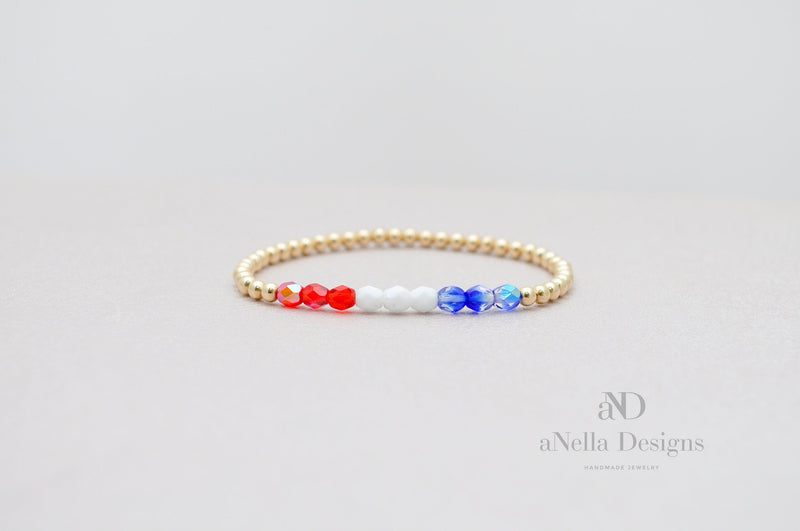 3mm gold filled bracelet with red, white and blue polished beads | Stretch stackable layering yellow gold bracelet | Flag bracelet