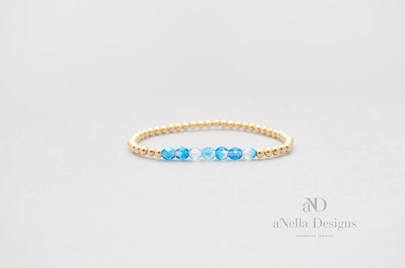 3mm Gold Filled Roll On Bracelet with Aqua Blue Fire Polished Beads | Stretch stackable layering yellow gold bracelet | Gold bracelet
