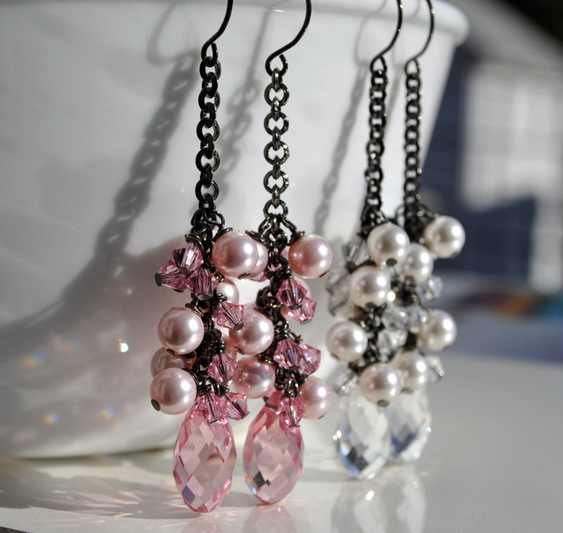 Light Rose Light Pink Bridesmaid Teardrop Pearl and Crystal Earring | long chandelier earrings - aNella Designs