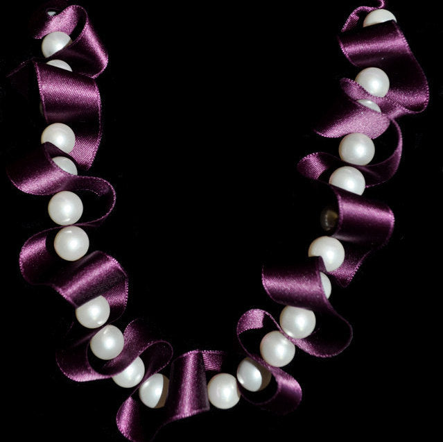 Bridesmaid purple silk ribbon necklace with white pearls